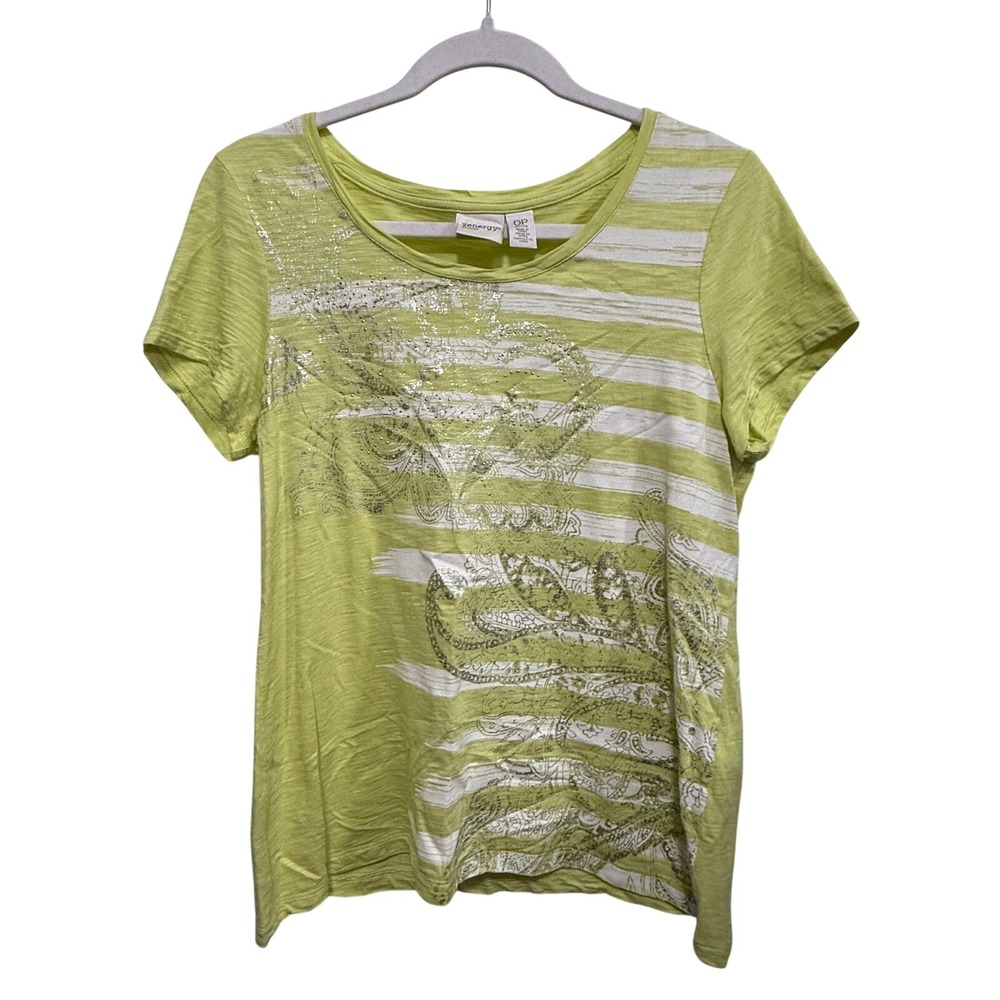 Zenergy by Chicos Women 0P Lime Green Striped Paisley Metallic Graphic Tee Small